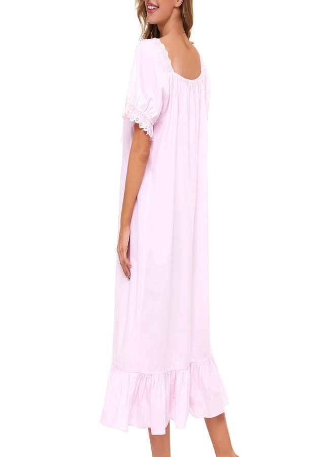 Lu's Chic Women's Victorian Nightgown Cotton Sleepwear Long Loungewear Short Sleeve Soft Nightwear Night Dress Sleep Calf Length Ruffle Nightdress Scoop Neck Lace Solid Pink Small - Image 2